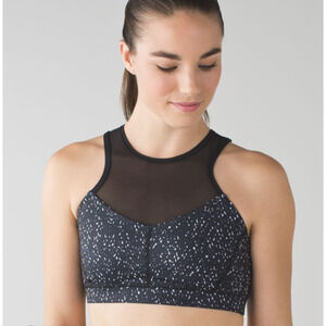 Lululemon Womens Meshed Up High Neck Speckle Bra Top Black White 8 Yoga Active